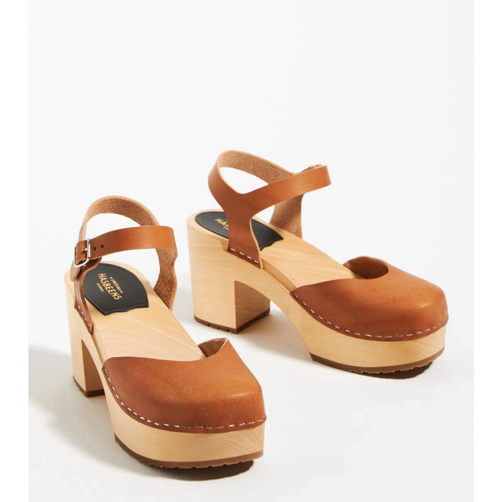 Swedish Hasbeens Brown Leather Clogs